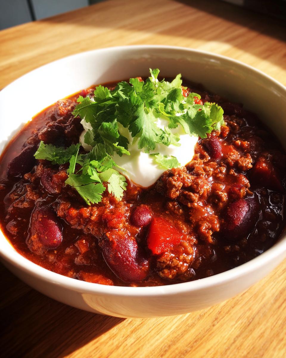 Close-up of a hearty bowl of high protein chili topped with sour cream and fresh cilantro.