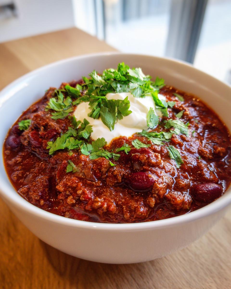 Close-up of a hearty bowl of high protein chili topped with a dollop of sour cream and fresh cilantro.