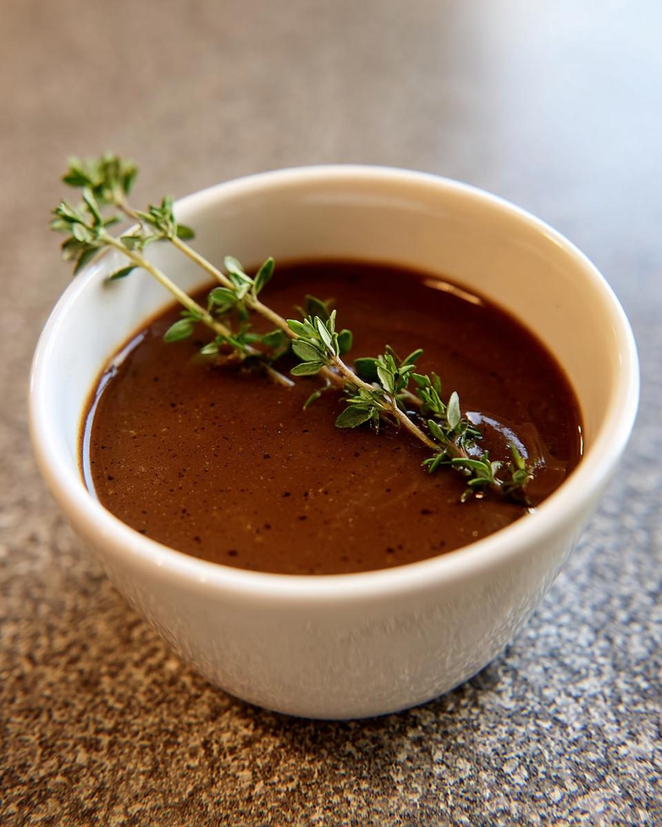 Close-up of rich homemade brown gravy in a white bowl, garnished with a sprig of fresh thyme.