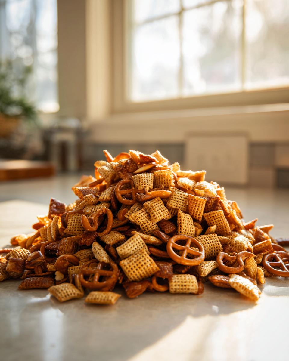 A large mound of seasoned Chex party mix featuring square cereal pieces and small pretzels, catching the sunlight.