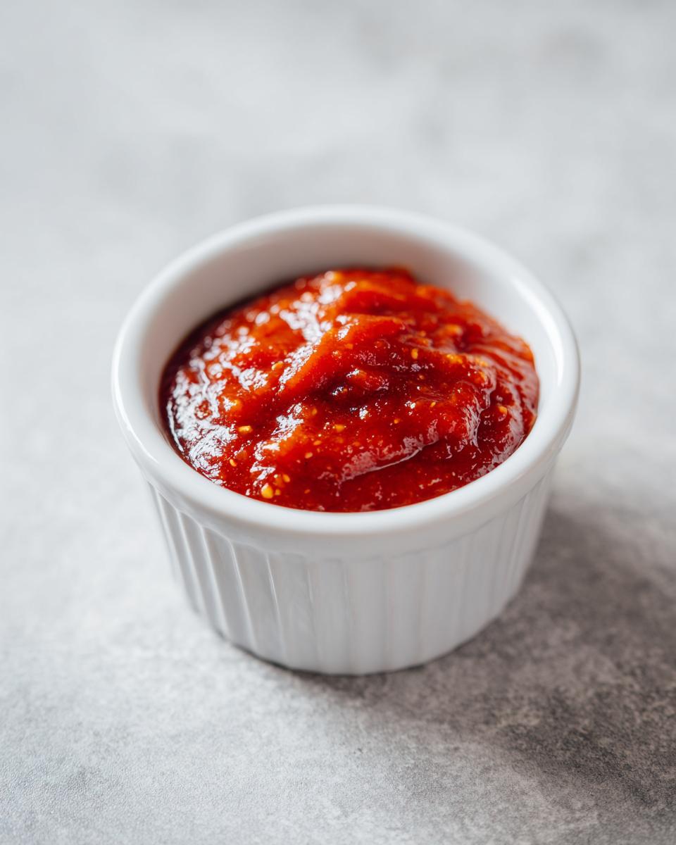Close-up of vibrant red homemade cocktail sauce served in a small white fluted ramekin.