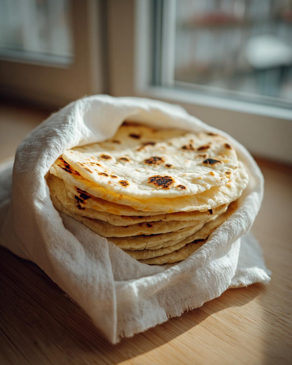 A warm stack of freshly made corn tortillas wrapped in a white cloth, sitting on a wooden surface near a window.