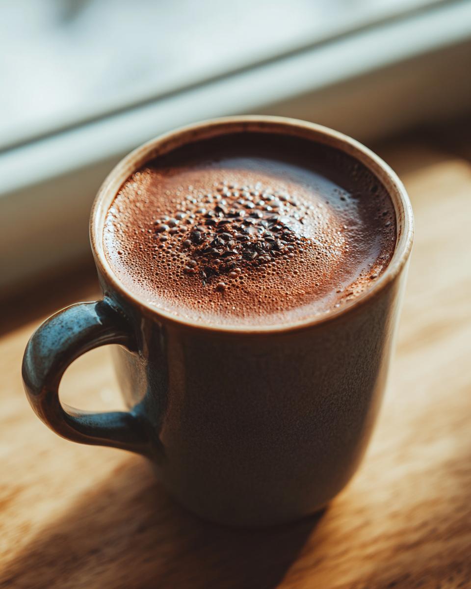 Close-up of rich, frothy homemade hot cocoa in a dark ceramic mug, sitting on a wooden surface.