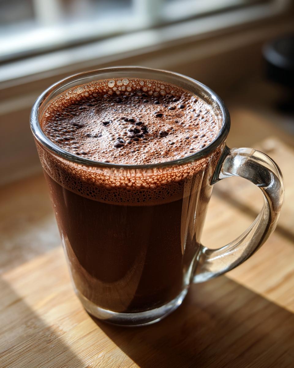 Close-up of rich, dark homemade hot cocoa with a layer of froth in a clear glass mug.