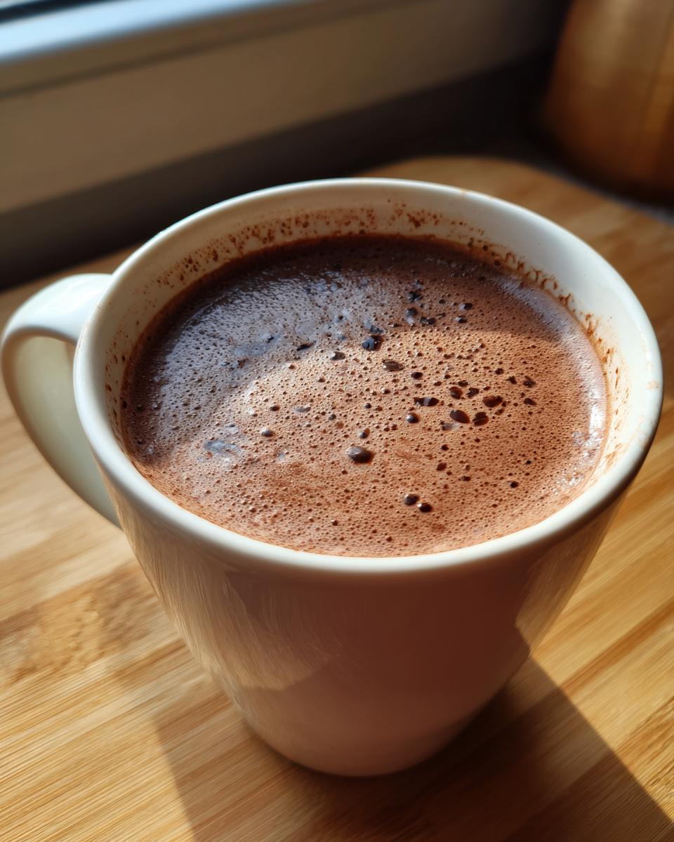 Close-up of frothy homemade hot cocoa in a white mug sitting on a wooden surface near a window.