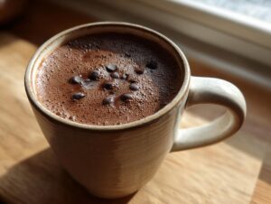 Close-up of a mug of rich homemade hot cocoa topped with melting chocolate chips.