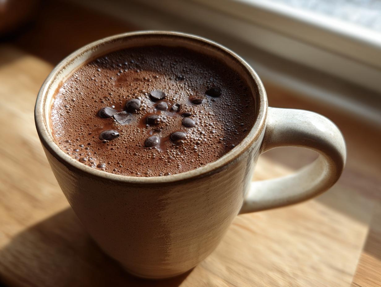 Close-up of a mug of rich homemade hot cocoa topped with melting chocolate chips.