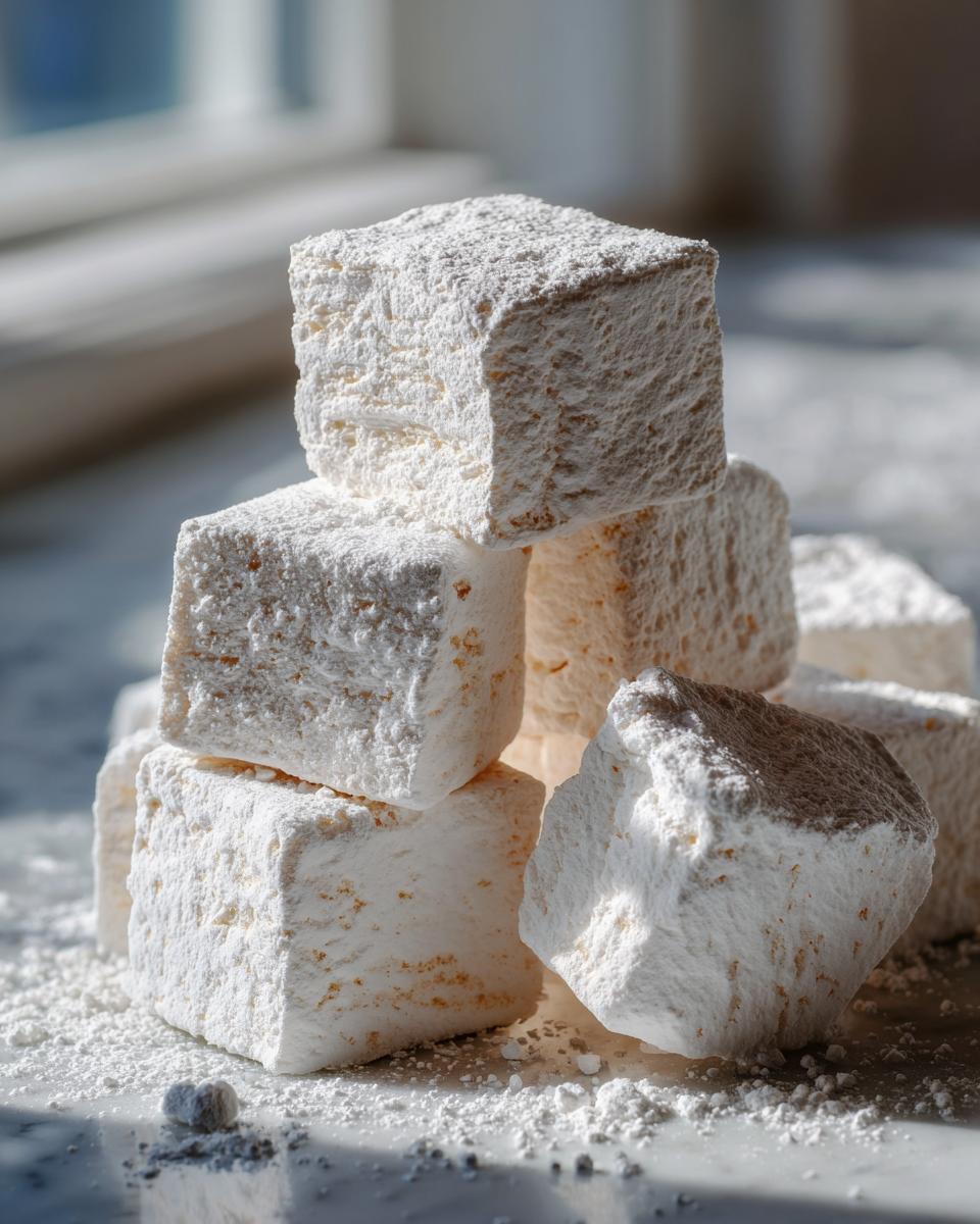 A close-up stack of fluffy, square homemade marshmallows heavily dusted with white powdered sugar.
