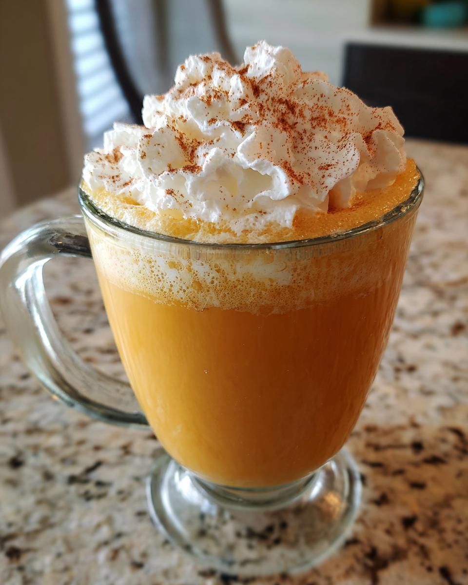 Close-up of a homemade pumpkin spice latte in a clear glass mug, topped with whipped cream and cinnamon.