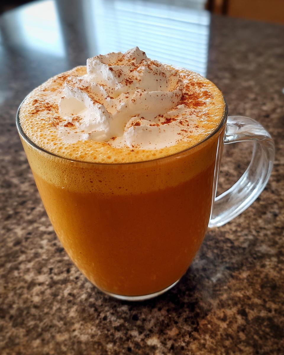 Close-up of a rich, orange pumpkin spice latte topped with whipped cream and cinnamon.