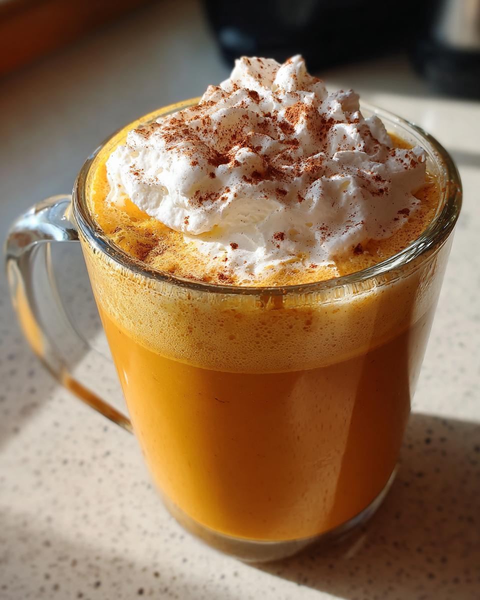 A close-up of a homemade pumpkin spice latte in a clear mug, topped with whipped cream and cinnamon.