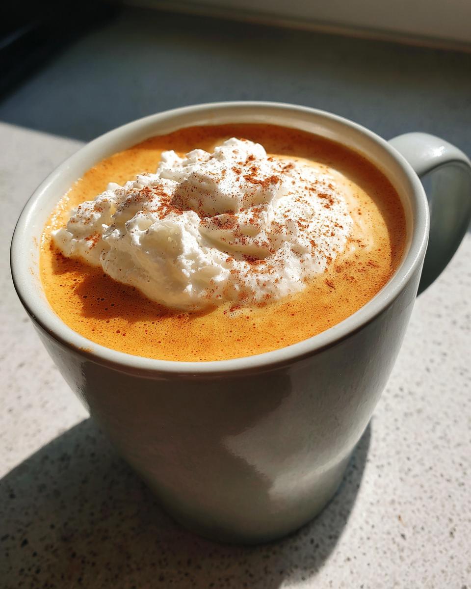 Close-up of a rich, orange-colored pumpkin spice latte topped with whipped cream and cinnamon.
