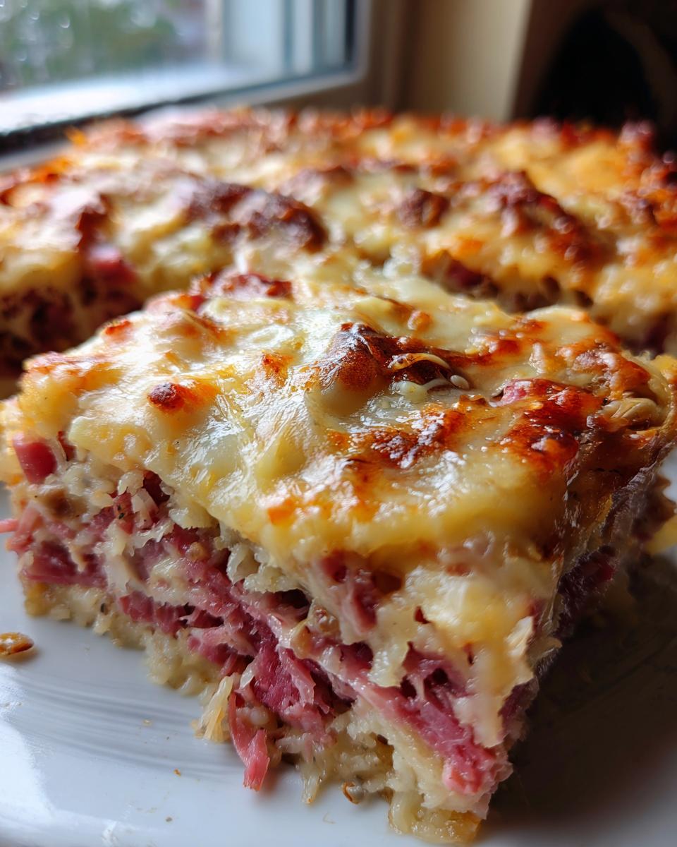 Close-up of a thick slice of homemade Reuben bake featuring layers of corned beef and melted, browned cheese topping.
