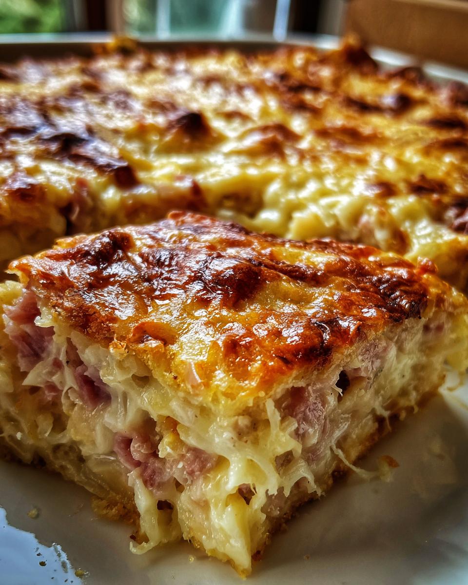 A close-up slice of homemade Reuben bake showing layers of melted cheese, sauerkraut, and ham.