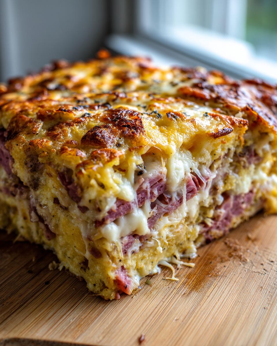 Close-up of a thick, cheesy slice of homemade Reuben bake showing layers of corned beef and melted cheese.