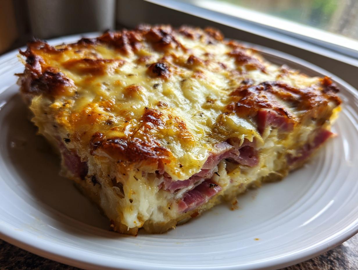 A close-up of a square slice of homemade Reuben bake with layers of corned beef and melted, browned cheese topping.