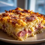 Close-up of a hearty slice of homemade Reuben bake with corned beef, sauerkraut, and a golden, cheesy crust.