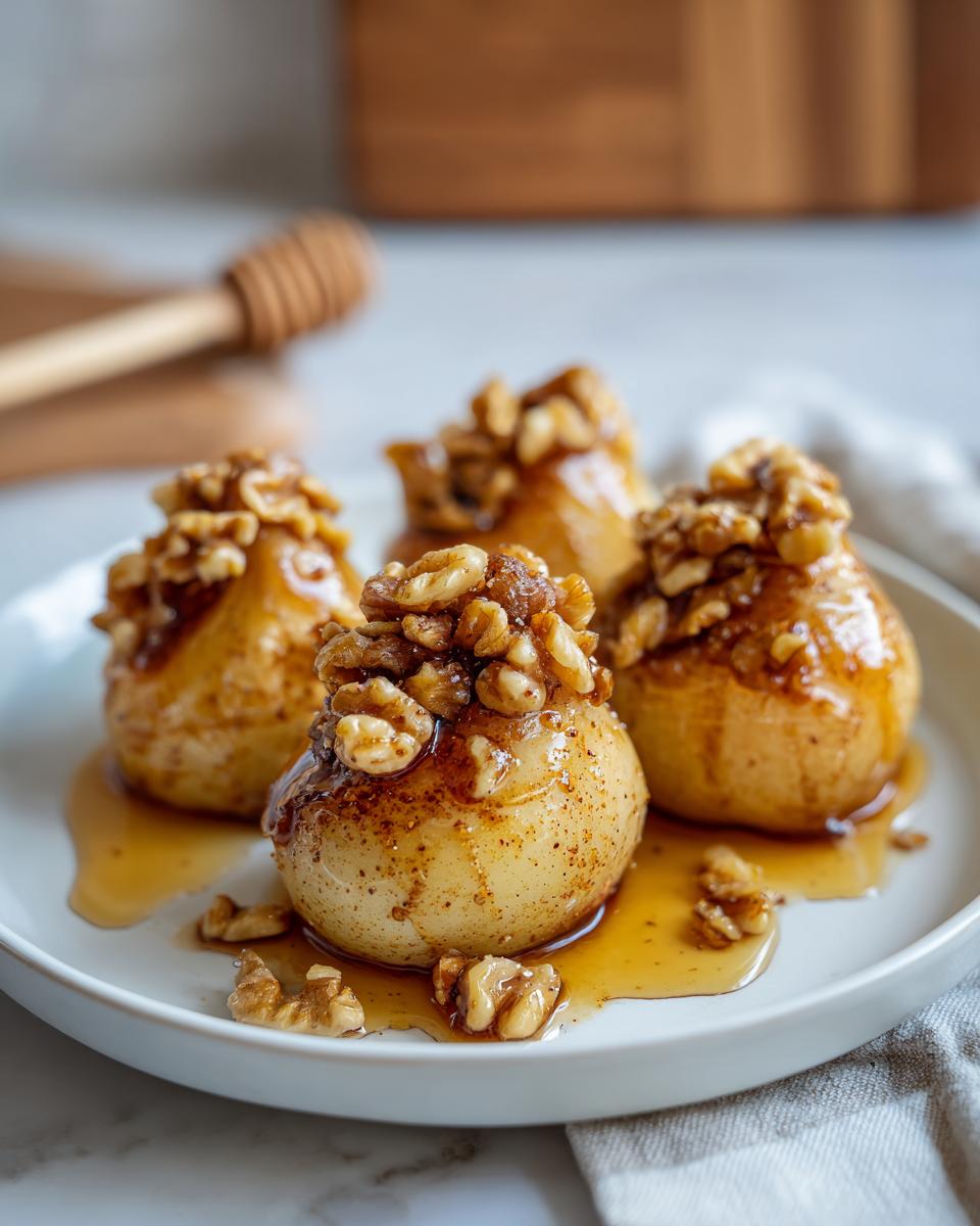 Four perfectly glazed baked pears topped with crunchy walnuts and drizzled with honey syrup.