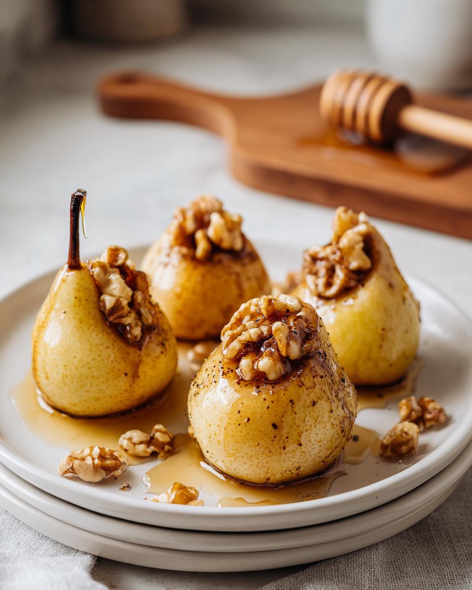 Four glistening baked pears topped with walnuts and drizzled with honey, ready to serve.