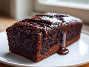 A close-up of a rich, dark chocolate hot fudge brownie bread loaf drizzled with glossy chocolate sauce.