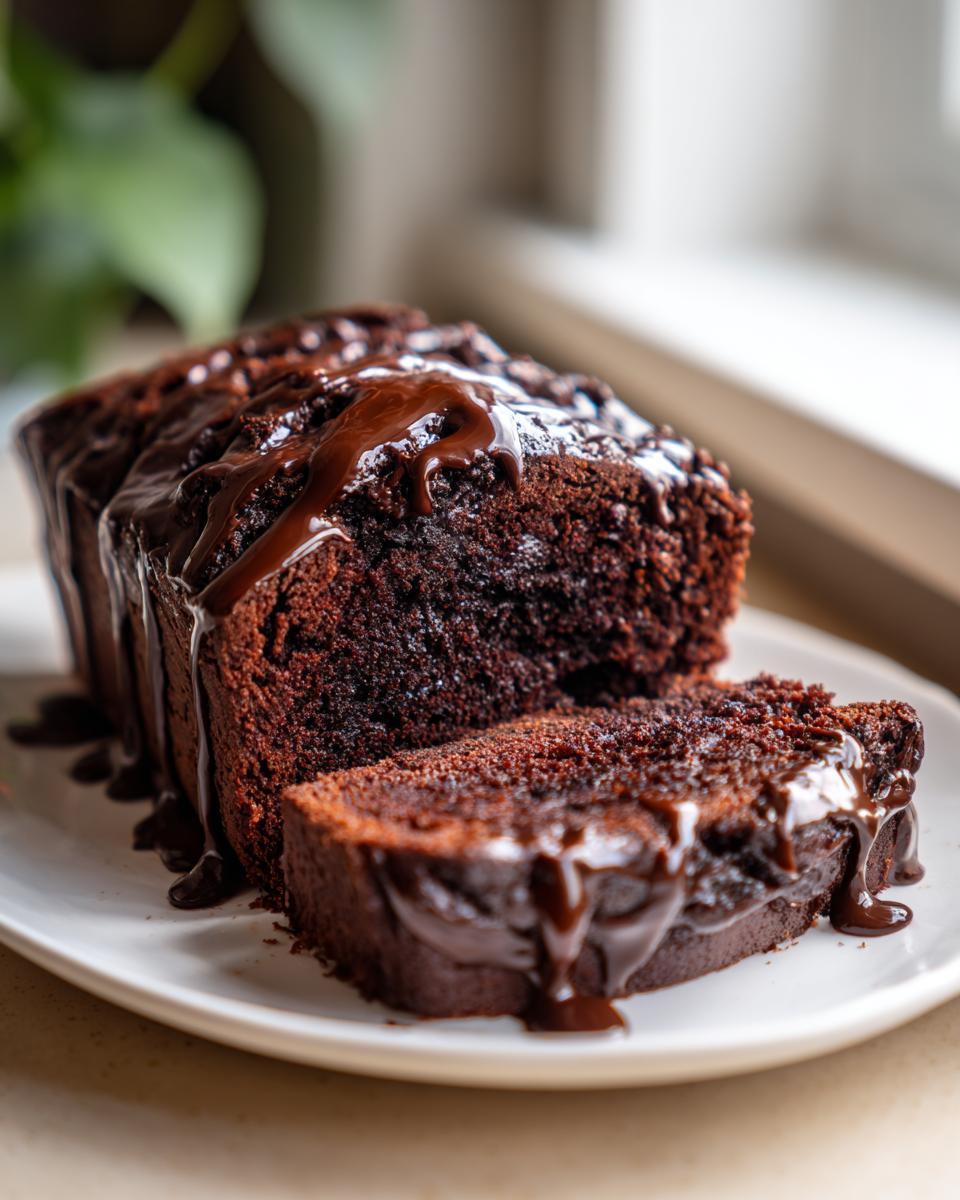 A decadent loaf of hot fudge brownie bread, sliced and generously drizzled with thick chocolate fudge sauce.