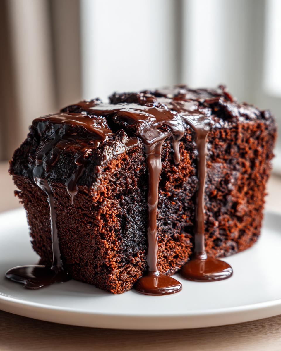 A rich, dark slice of hot fudge brownie bread generously topped with dripping chocolate fudge sauce.