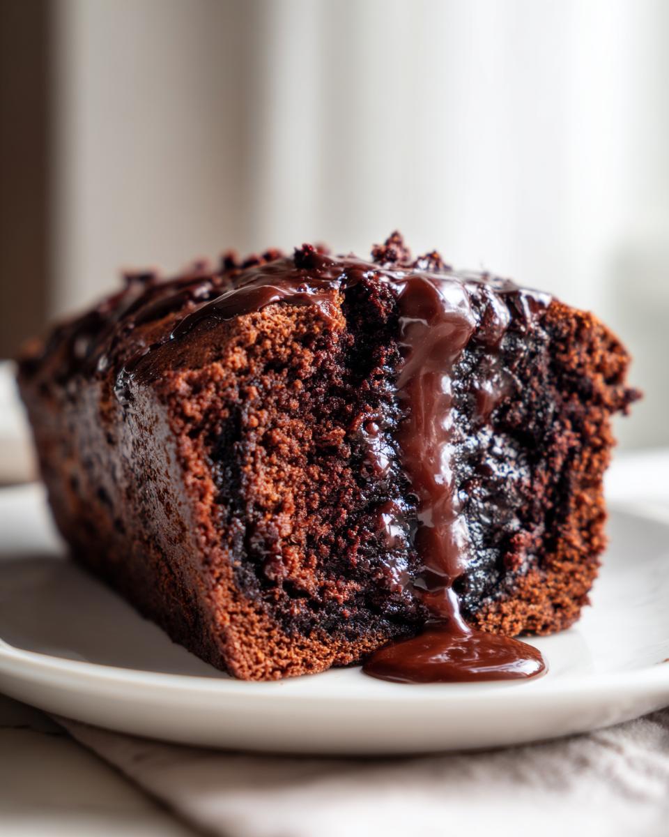 Close-up of a rich, dark slice of hot fudge brownie bread topped with glossy, dripping hot fudge sauce.
