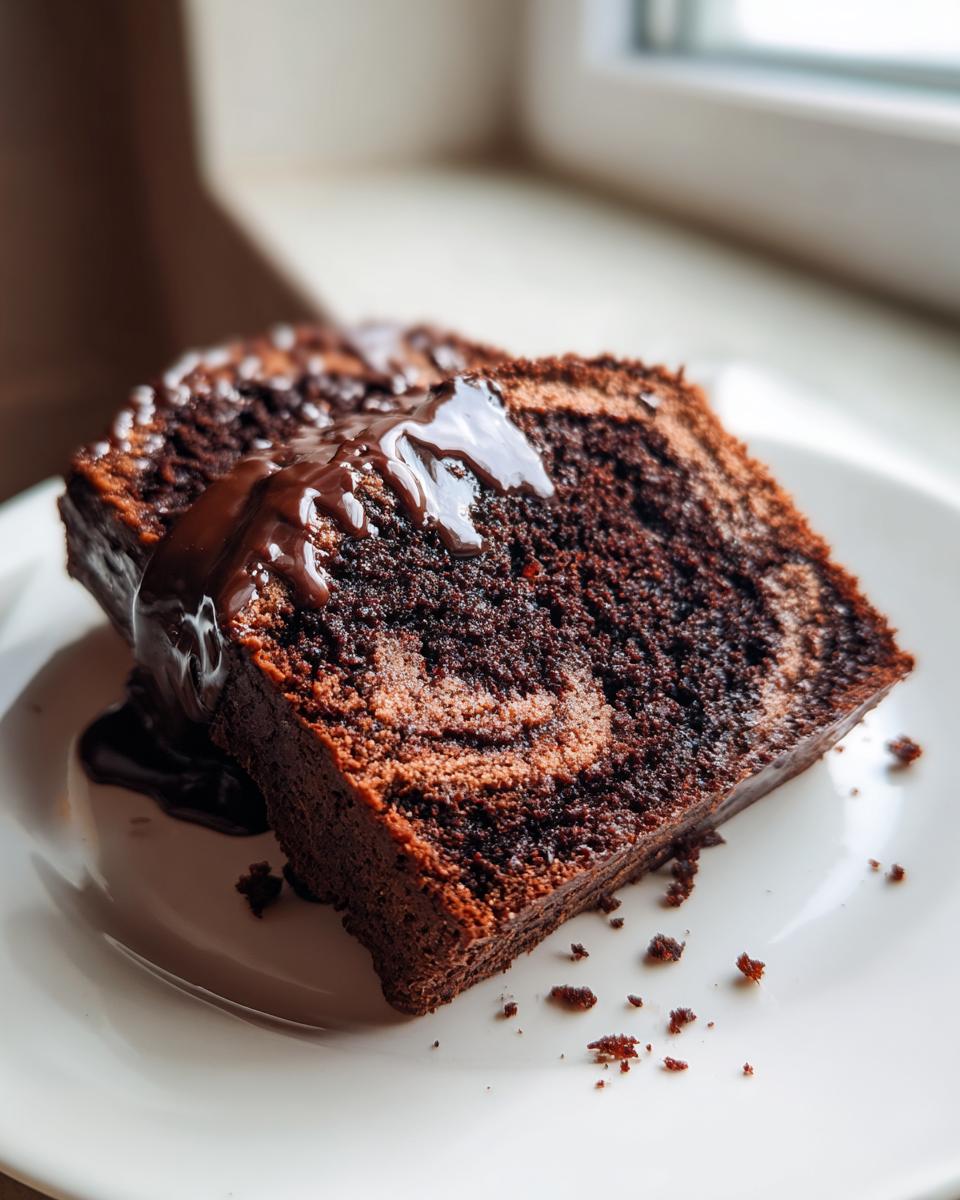 Two slices of rich, dark hot fudge brownie bread topped with glossy melted chocolate fudge sauce on a white plate.