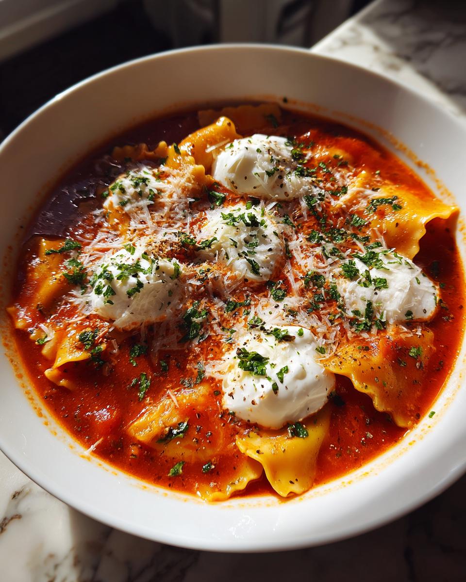 A close-up of Instant Pot Lasagna Soup featuring ravioli in rich tomato broth, topped with dollops of ricotta, Parmesan, and parsley.