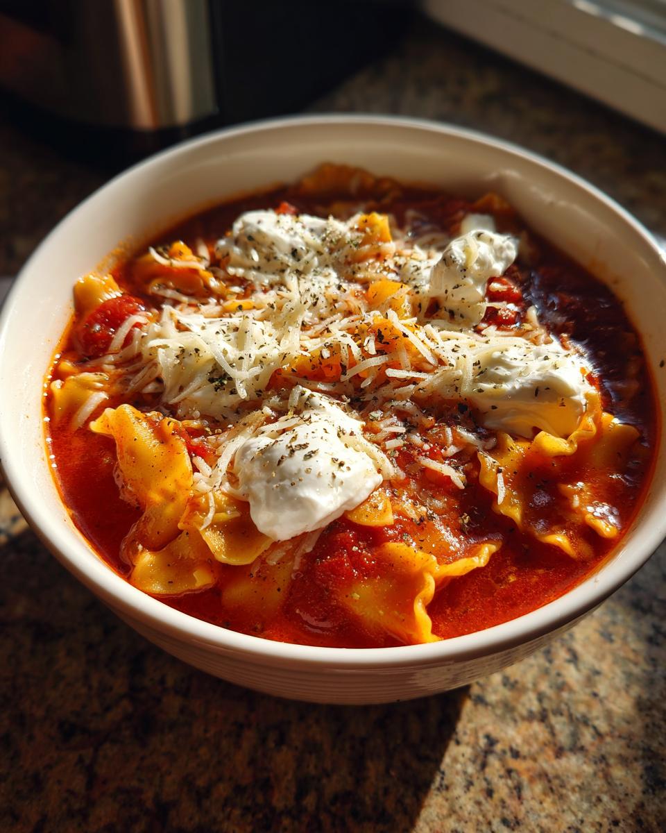 Close-up of a rich bowl of instant pot lasagna soup topped with dollops of ricotta, shredded cheese, and herbs.