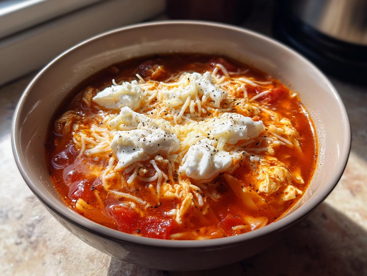 A close-up of a bowl of rich, red instant pot lasagna soup topped with shredded cheese, dollops of ricotta, and black pepper.