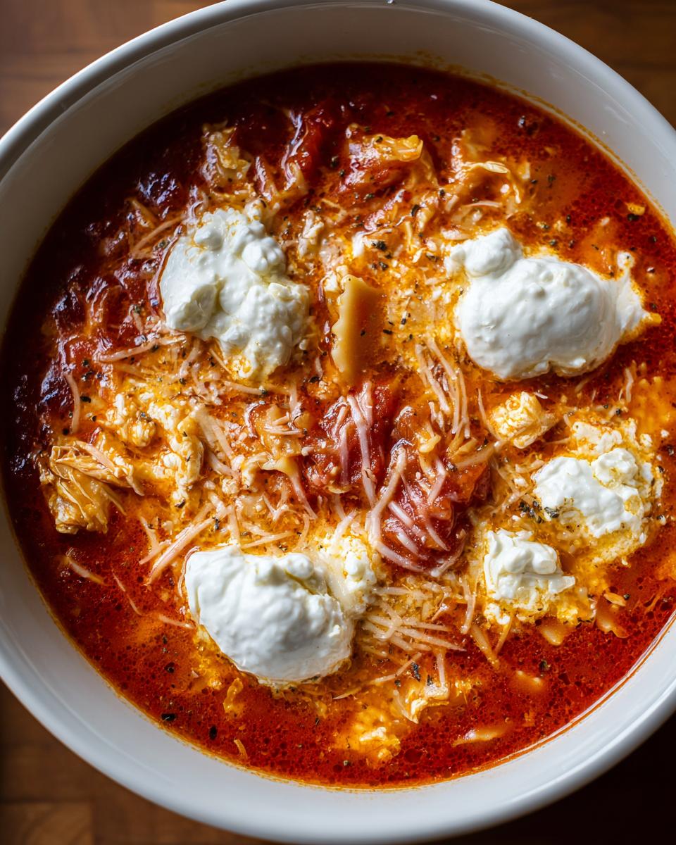 Close-up overhead view of rich, red instant pot lasagna soup topped with dollops of ricotta cheese and shredded Parmesan.
