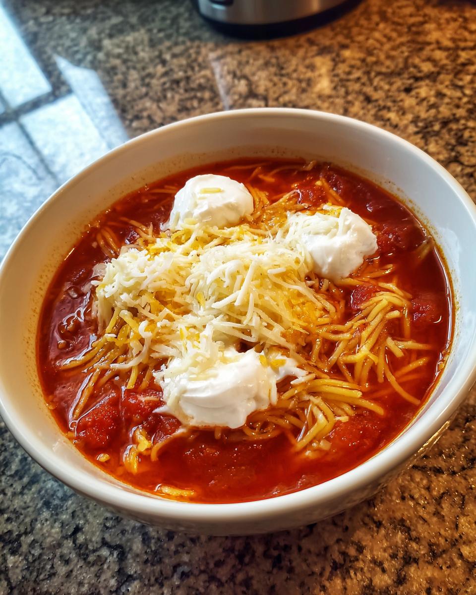 A close-up of a white bowl filled with rich tomato-based instant pot lasagna soup, topped with shredded cheese and dollops of sour cream.