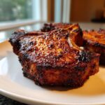 Close-up of a perfectly seasoned and seared bone-in air fryer pork chop on a white plate.