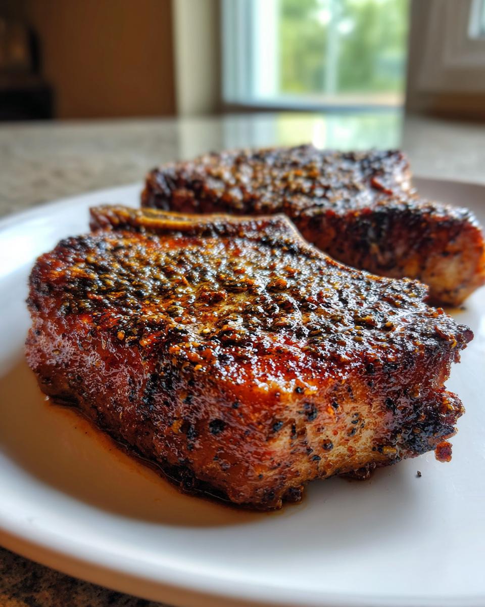 Close-up of thick, seasoned air fryer pork chops with a dark, caramelized crust resting on a white plate.