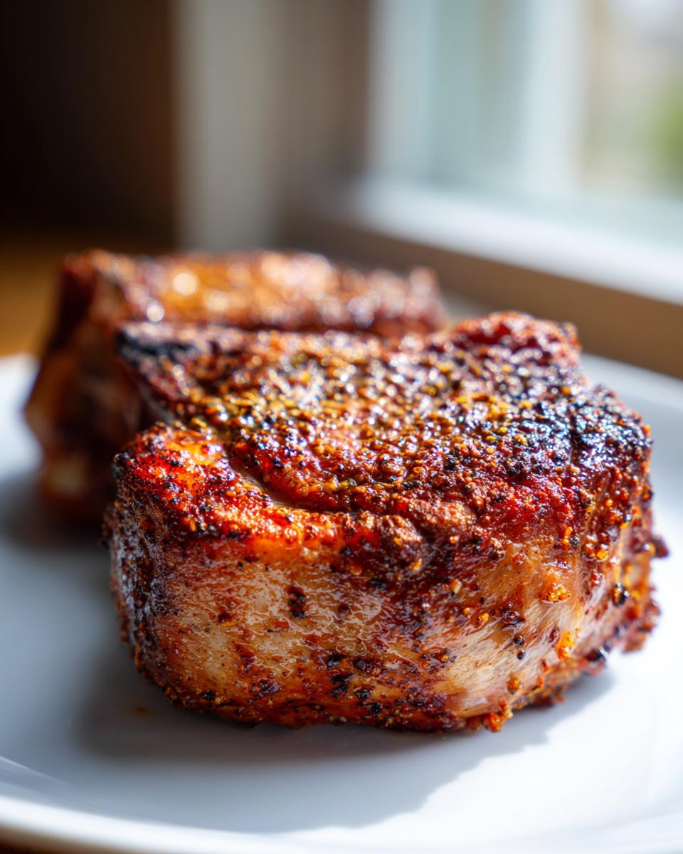 Close-up of a thick, juicy air fryer pork chop with a heavily seasoned, browned crust resting on a white plate.
