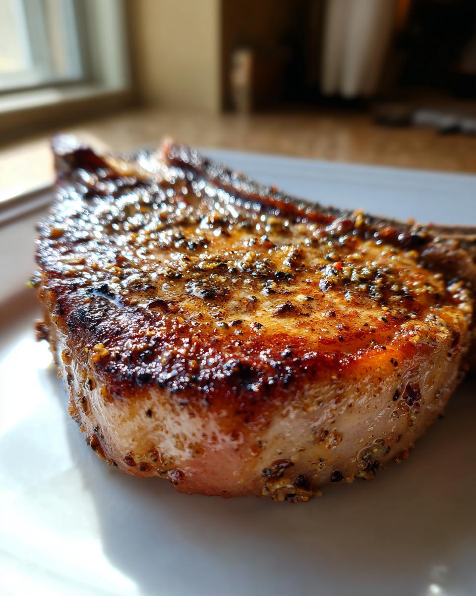 Close-up of a thick, juicy air fryer pork chop, perfectly seared and coated in dark seasoning.