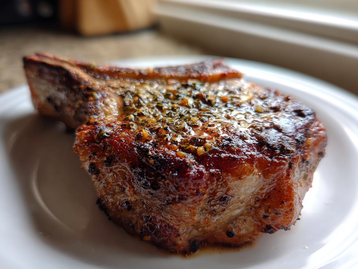 Close-up of a perfectly cooked, juicy air fryer pork chop seasoned with herbs and spices on a white plate.