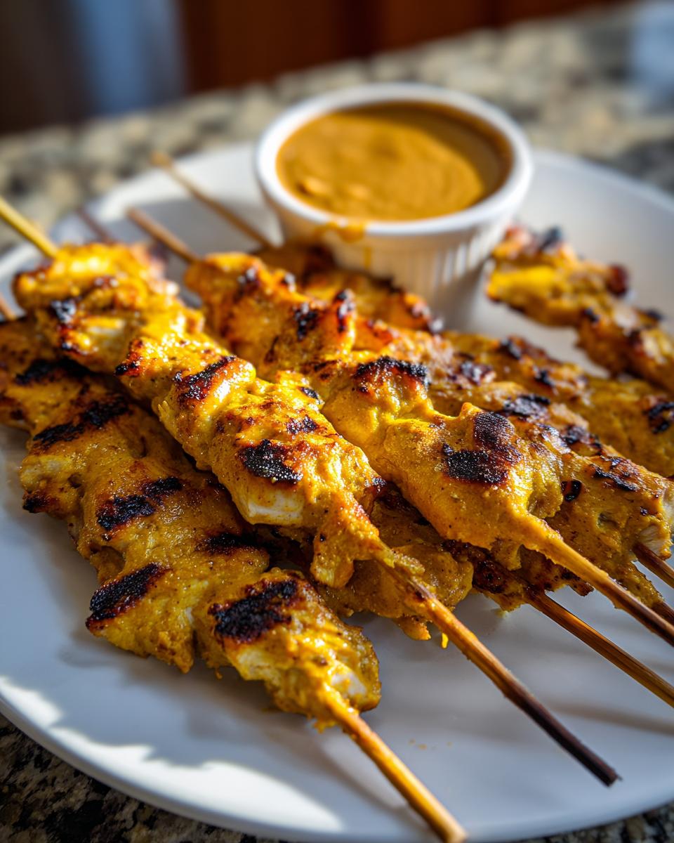 Close-up of grilled chicken satay skewers with visible char marks, served with a side of peanut dipping sauce.