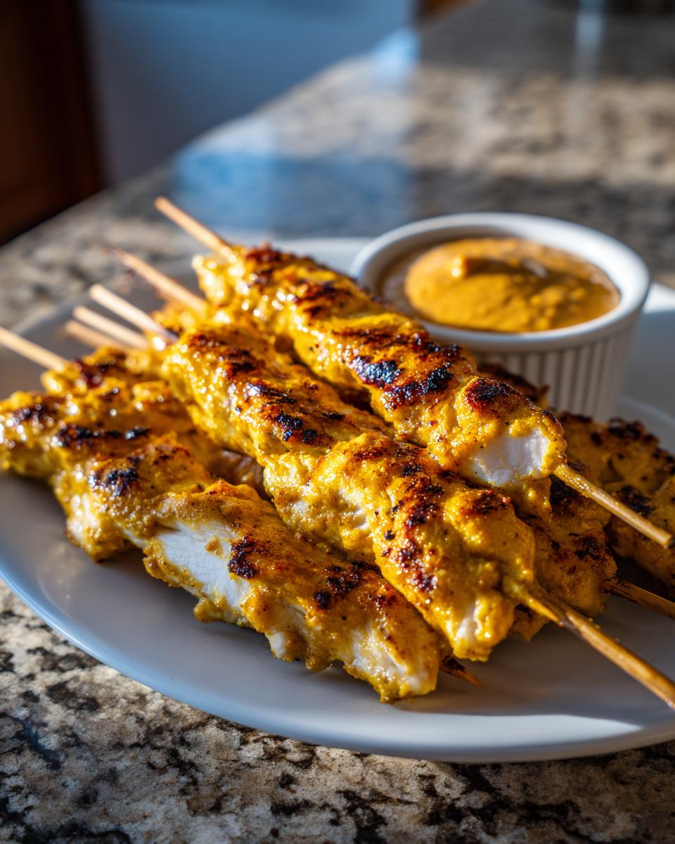 Close-up of grilled chicken satay skewers on a white plate next to a small bowl of peanut sauce.