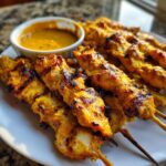 Close-up of perfectly grilled, yellow-marinated chicken satay skewers served with a side of rich peanut dipping sauce.