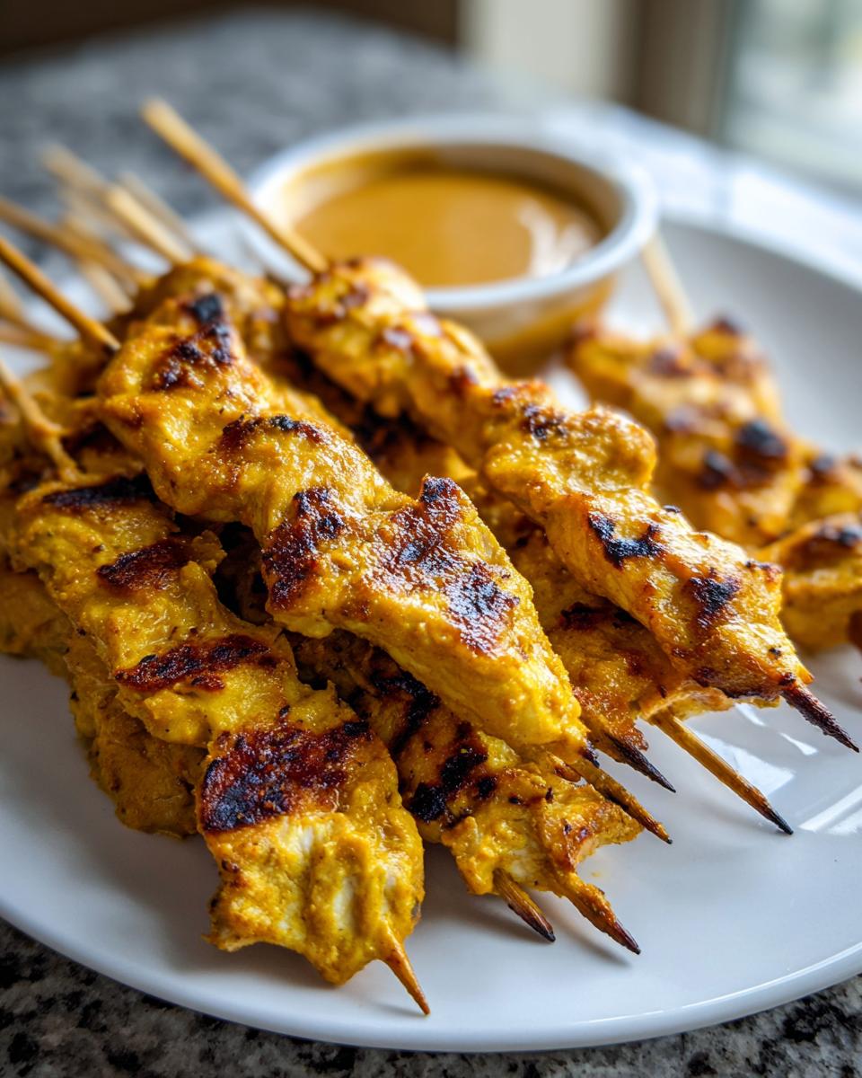 Close-up of grilled chicken satay skewers piled on a white plate next to a small bowl of peanut dipping sauce.