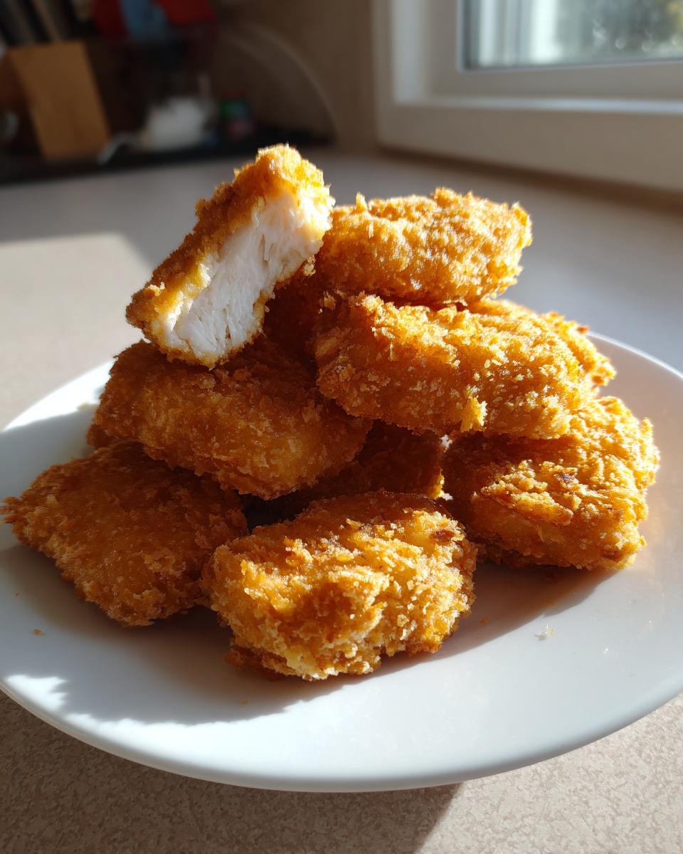 A pile of golden brown homemade chicken nuggets on a white plate, with one nugget broken open showing the white interior.