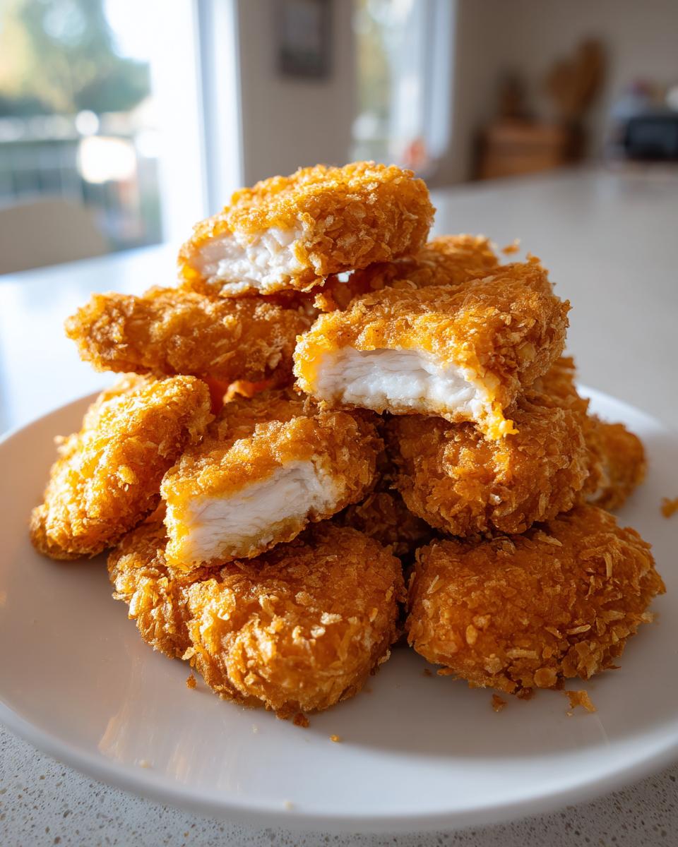 A pile of golden brown homemade chicken nuggets, with one broken open showing the white, juicy chicken inside.