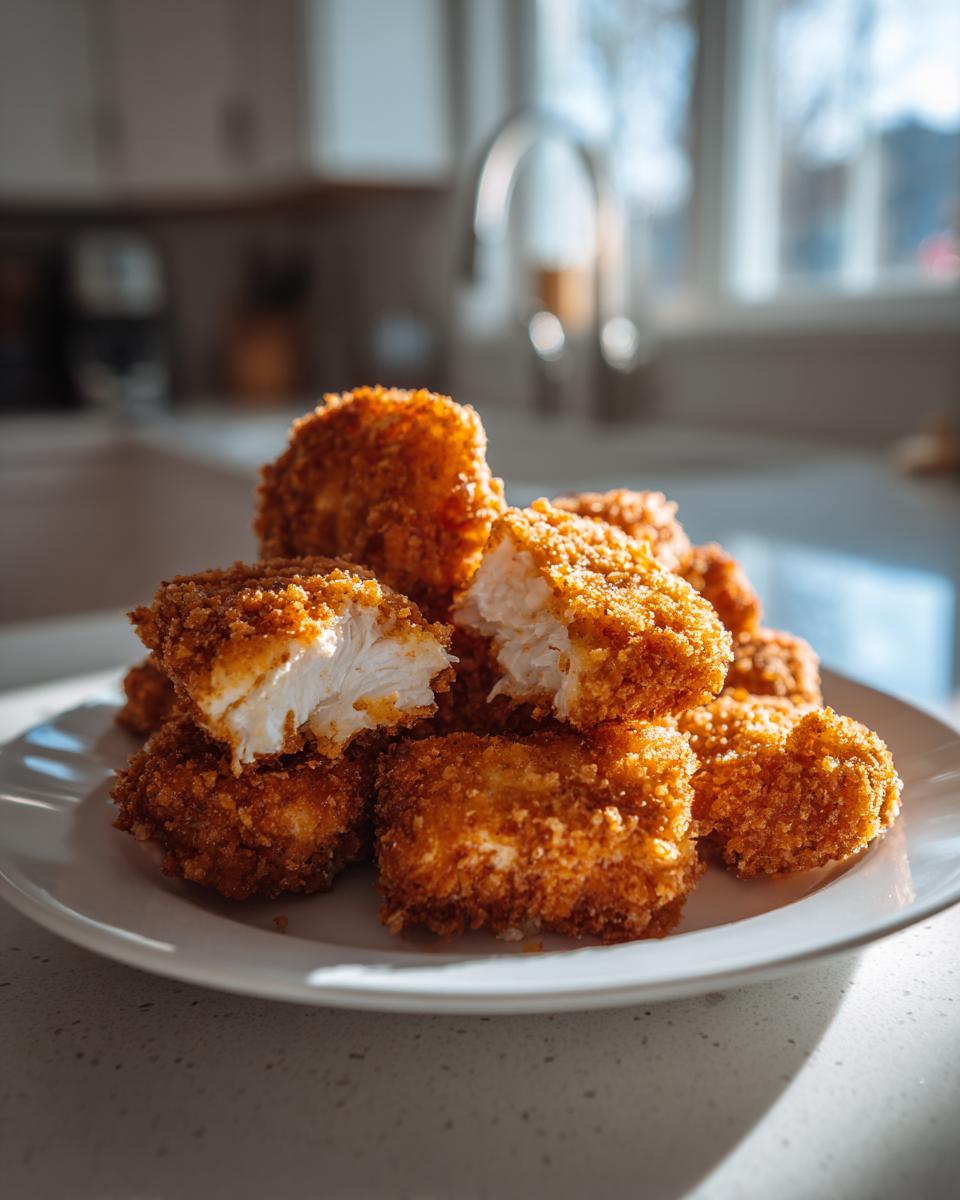 A pile of crispy, golden homemade chicken nuggets on a white plate, with one nugget broken open showing juicy white meat.