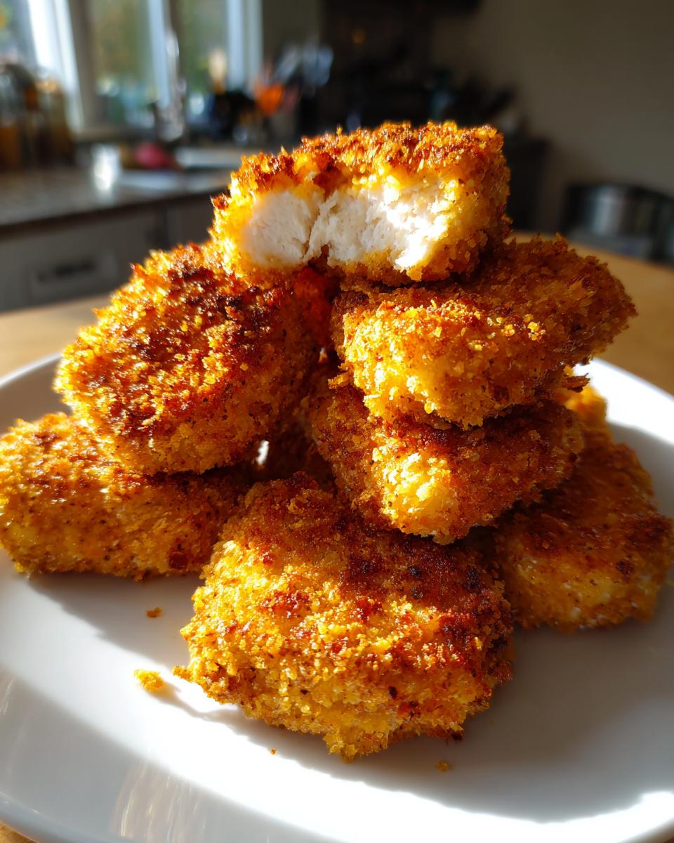 A pile of crispy, golden homemade chicken nuggets on a white plate, one nugget broken open to show the juicy white meat inside.