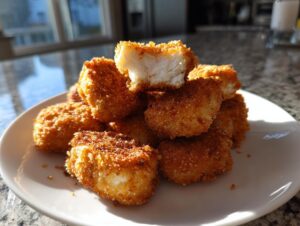 A stack of golden brown, crispy homemade chicken nuggets on a white plate, one nugget broken open showing the white meat inside.