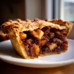 A close-up, cross-section view of a single serving mincemeat pie showing the rich, dark filling and chunky fruit pieces.