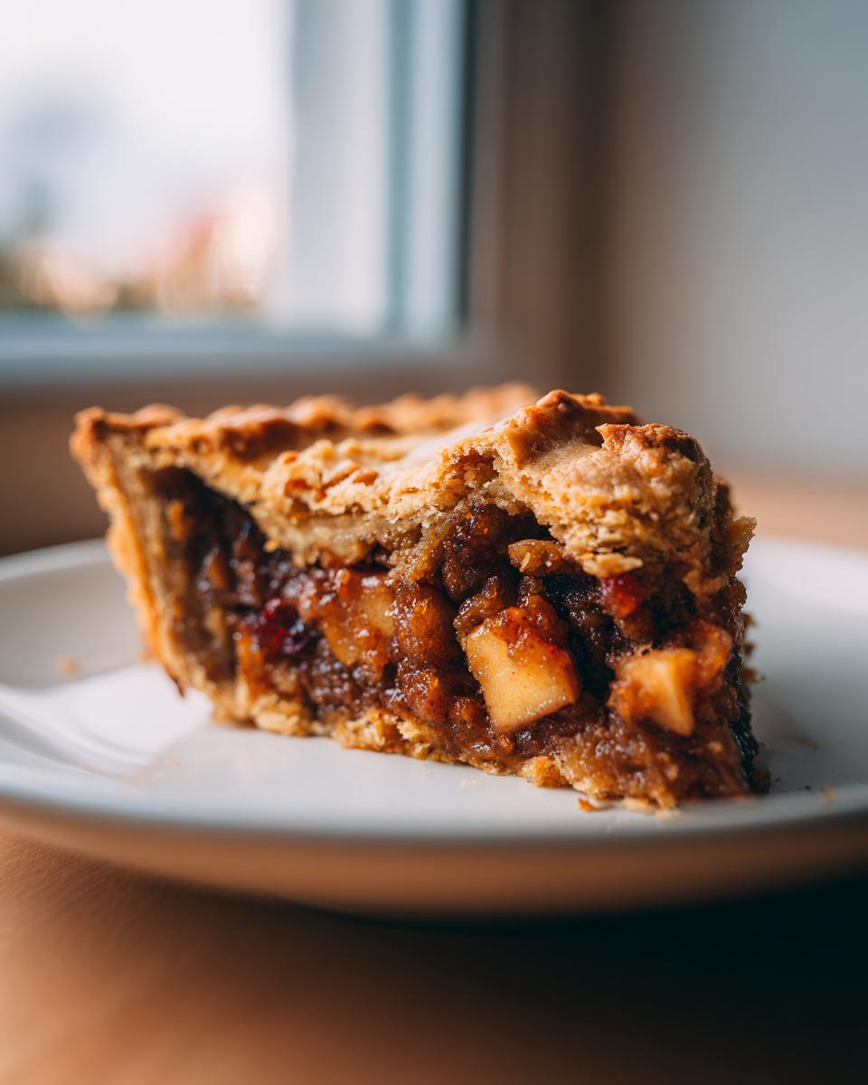 Close-up of a slice of old fashioned mincemeat pie showing the rich, chunky fruit filling and flaky crust.