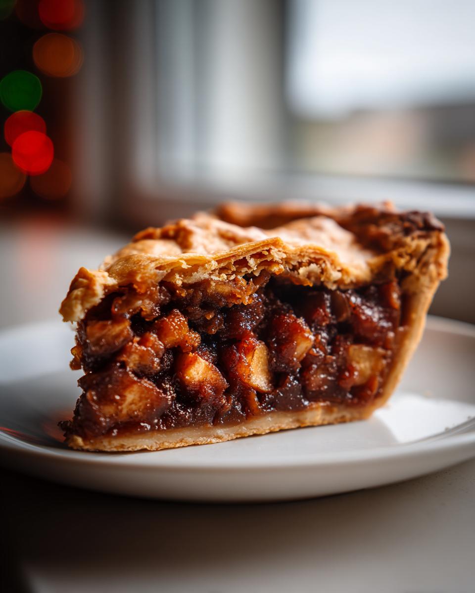Close-up of a thick slice of old fashioned mincemeat pie showing rich, chunky filling and flaky crust.